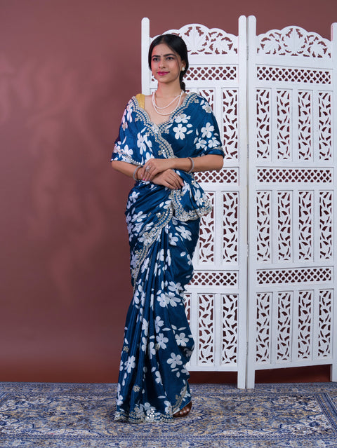 Printed Crepe Silk Saree with Embroidered Mirror Work in blue colour