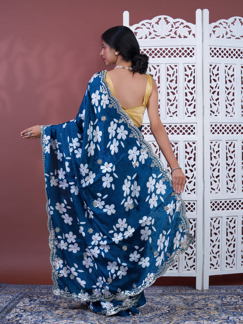 Printed Crepe Silk Saree with Embroidered Mirror Work in blue colour