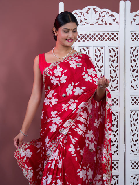  A red saree with white pattern Printed Crepe Silk with Embroidered Mirror Work 