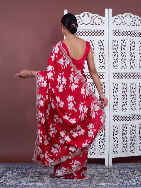  A red saree with white pattern Printed Crepe Silk with Embroidered Mirror Work 