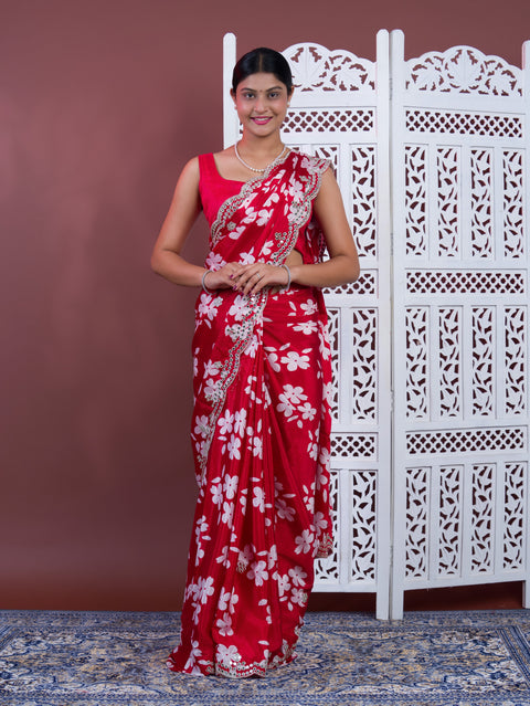  A red saree with white pattern Printed Crepe Silk with Embroidered Mirror Work 