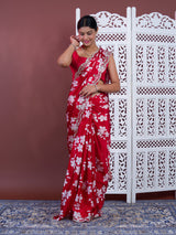  A red saree with white pattern Printed Crepe Silk with Embroidered Mirror Work 