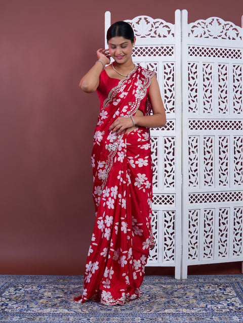  A red saree with white pattern Printed Crepe Silk with Embroidered Mirror Work 