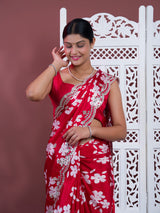  A red saree with white pattern Printed Crepe Silk with Embroidered Mirror Work 