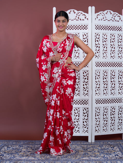  A red saree with white pattern Printed Crepe Silk with Embroidered Mirror Work 