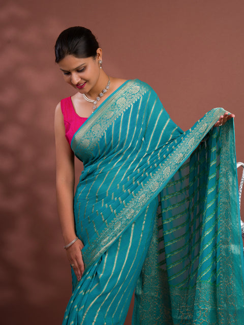 KcPc New Latest Pure khaddi Georgette Banarasi Handloom Leheriya Zari Weaving Saree  MAHA