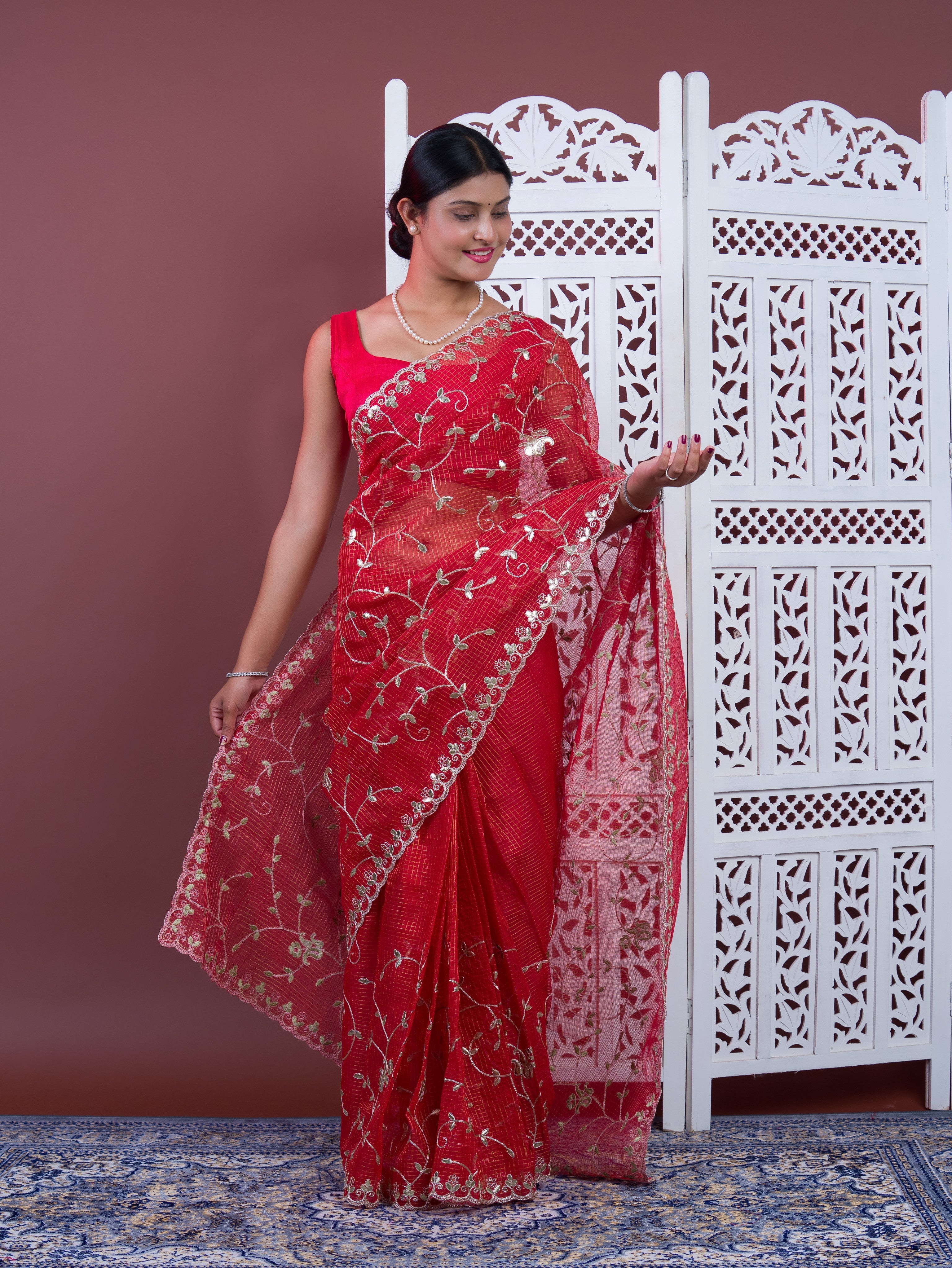 Gotapatti work saree in red colour