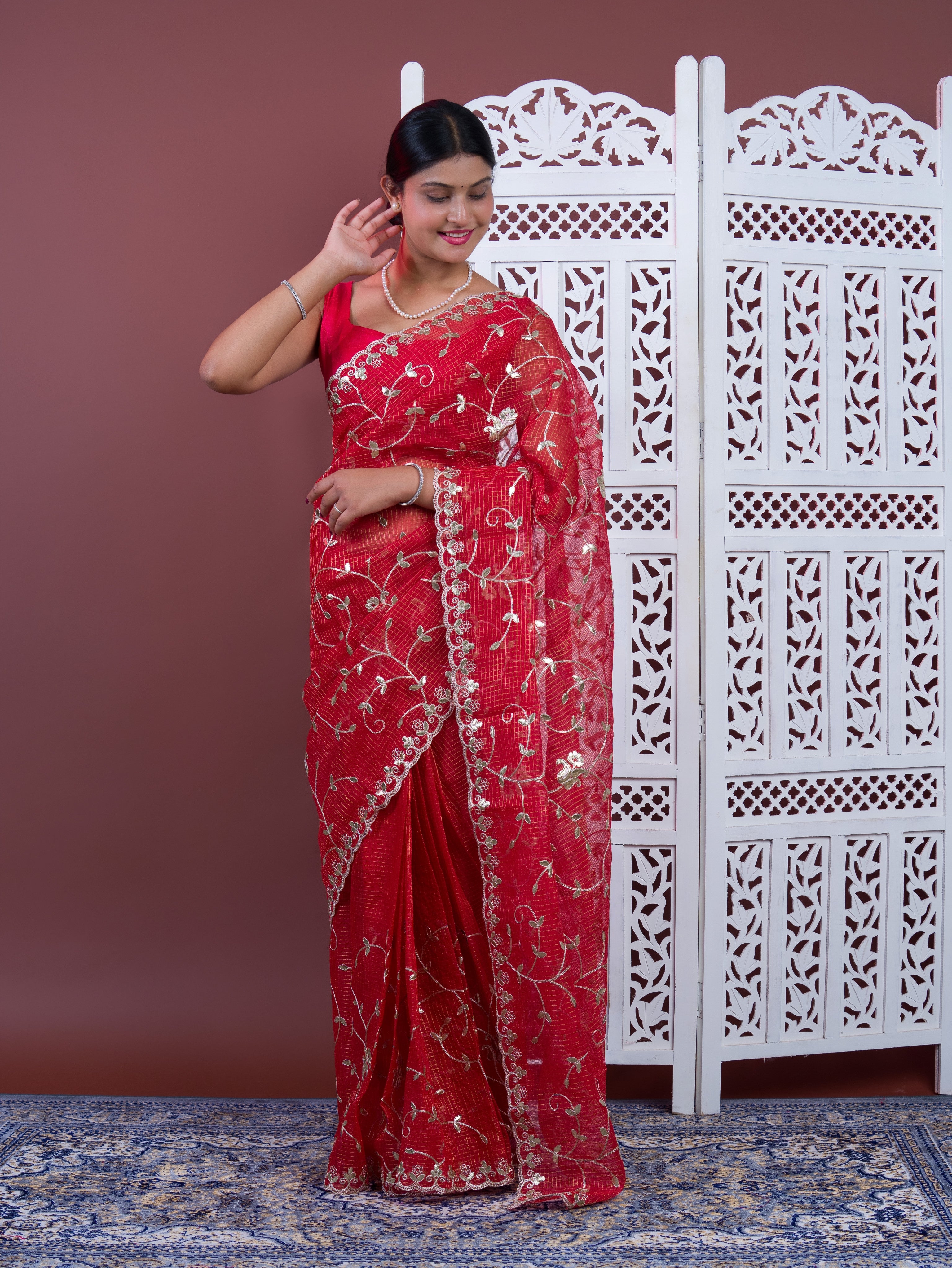 Gotapatti work saree in red colour