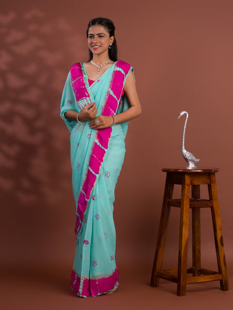 KcPc Pure Georgette Gulti Bandhej Satin Patta Border Saree  RTK