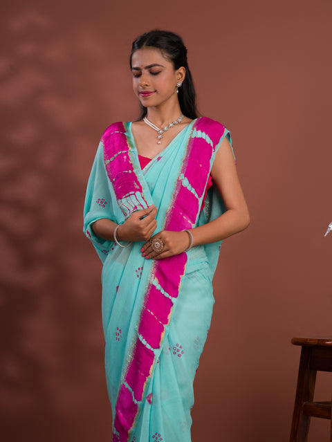 KcPc Pure Georgette Gulti Bandhej Satin Patta Border Saree  RTK