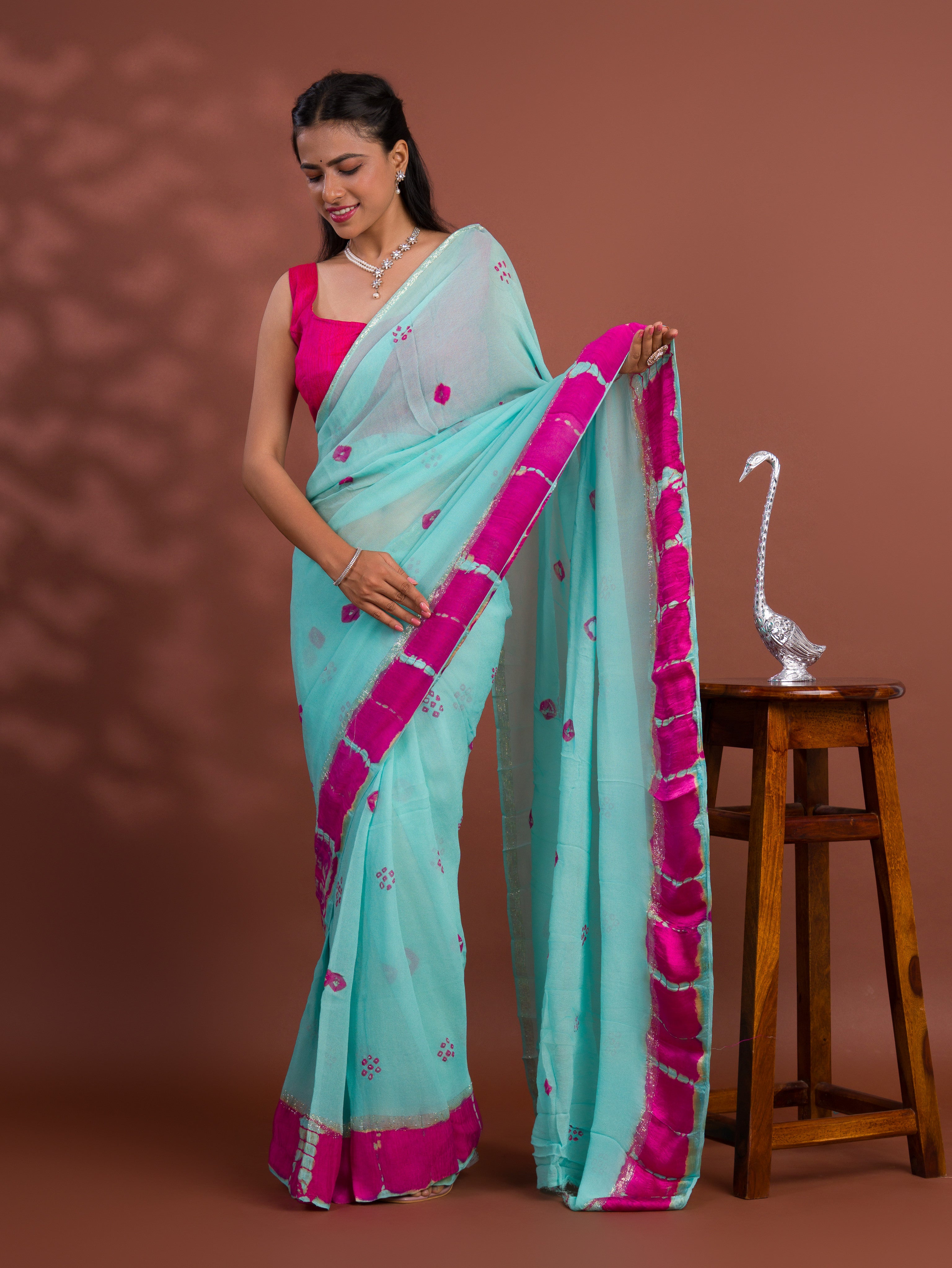 Georgette Gulti Bandhej Satin Patta Border Saree under 1500