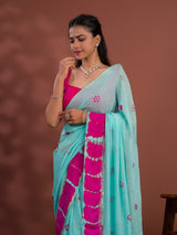 Georgette Gulti Bandhej Satin Patta Border Saree under 1500