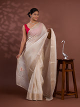Banarasi Zari Border With Zardoji Guleen Work Saree in off white colour