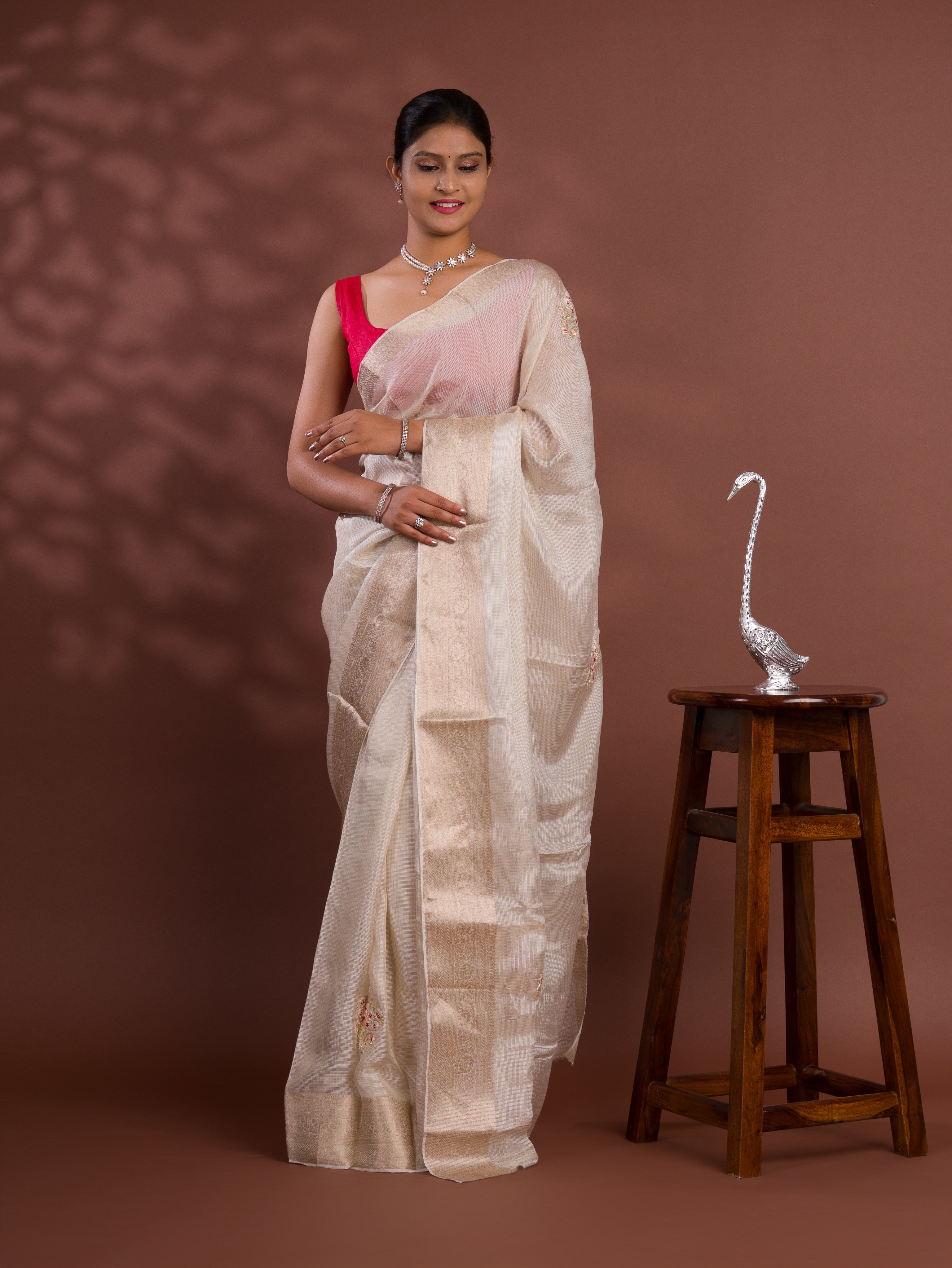 Banarasi Zari Border With Zardoji Guleen Work Saree in off white colour