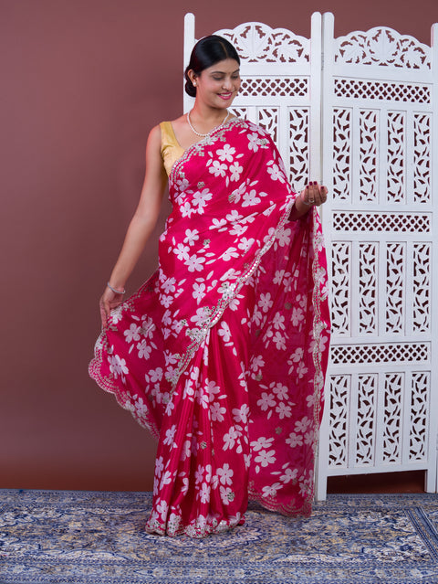 A pink floral saree with white pattern Printed Crepe Silk with Embroidered Mirror Work 