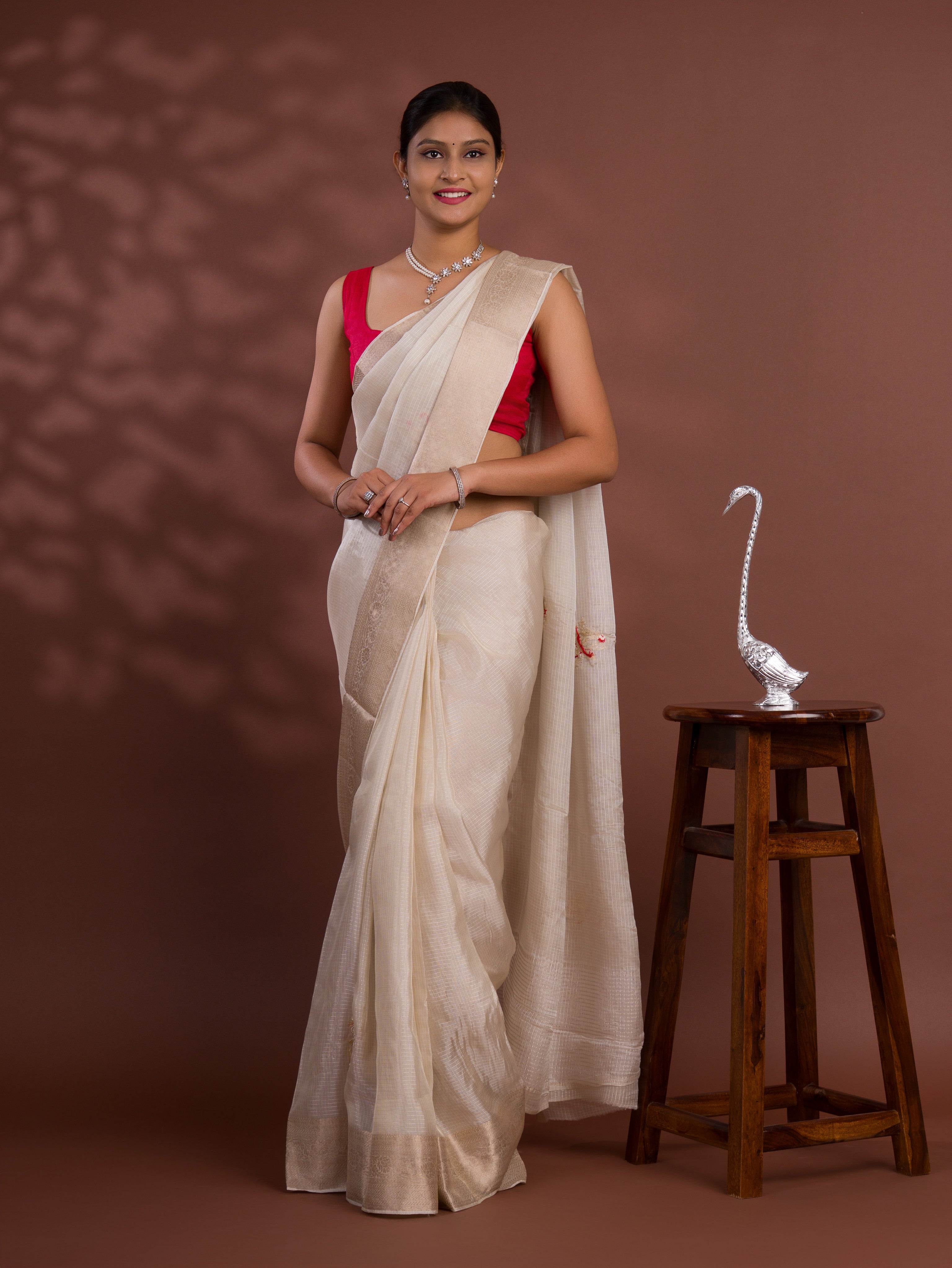Banarasi Zari Border With Zardoji Guleen Work Saree in off white colour