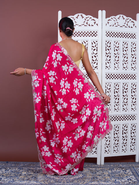 A pink floral saree with white pattern Printed Crepe Silk with Embroidered Mirror Work 