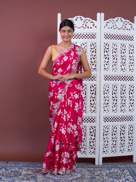 A pink floral saree with white pattern Printed Crepe Silk with Embroidered Mirror Work 