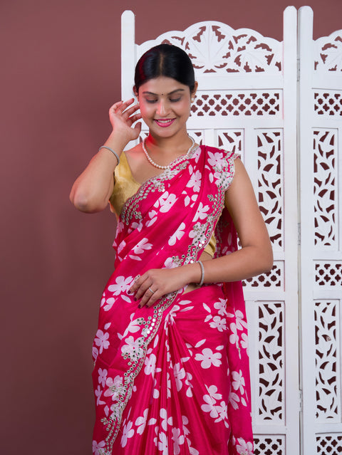 A pink floral saree with white pattern Printed Crepe Silk with Embroidered Mirror Work 