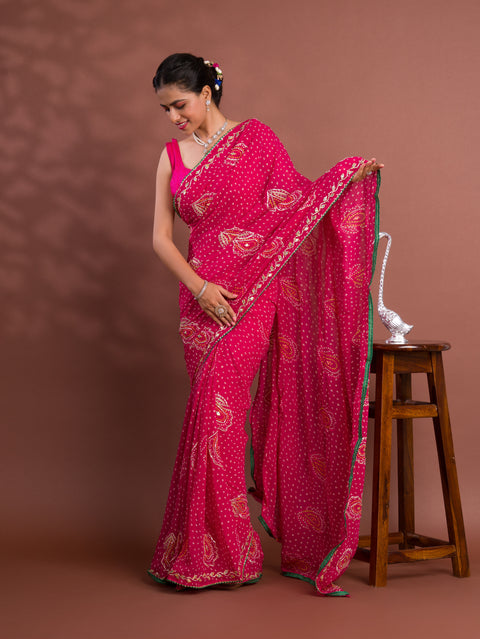KcPc New Beautiful Chiffon Bandhani Style With Gotapatti Work Saree MHS
