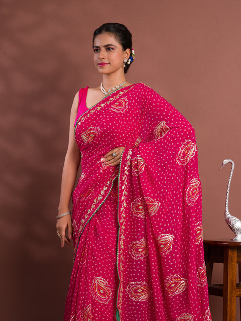 KcPc New Beautiful Chiffon Bandhani Style With Gotapatti Work Saree MHS