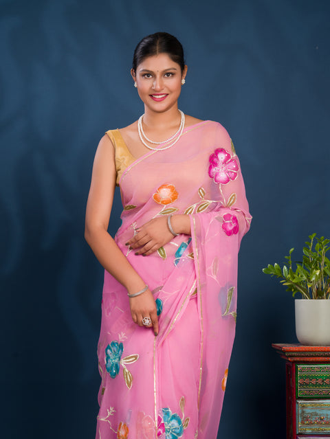 KcPc New Elegant Chiffon Silk Printed Saree with Gotapatti Work SWA