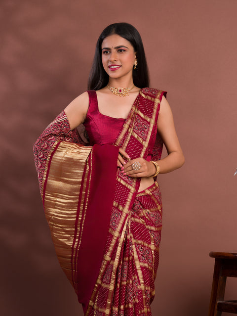 KcPc Pure Gaji Modal Silk Ajrakh Print Ghatchola Saree  AAD