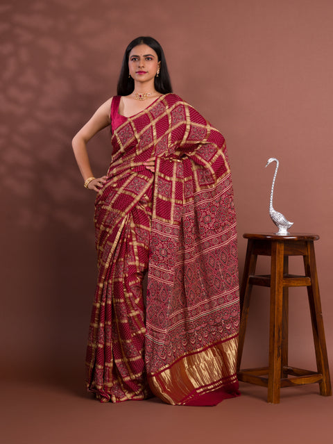 KcPc Pure Gaji Modal Silk Ajrakh Print Ghatchola Saree  AAD
