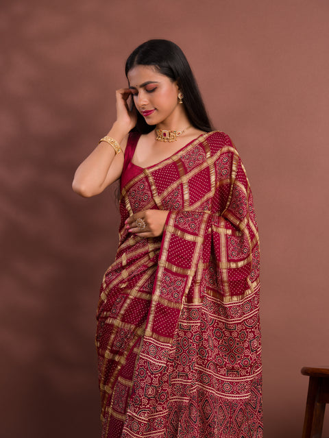 KcPc Pure Gaji Modal Silk Ajrakh Print Ghatchola Saree  AAD