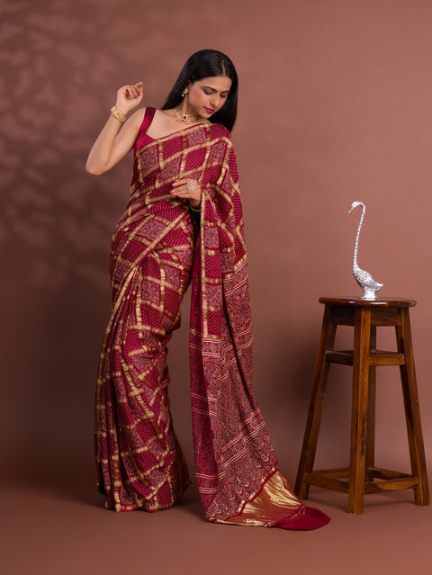 KcPc Pure Gaji Modal Silk Ajrakh Print Ghatchola Saree  AAD