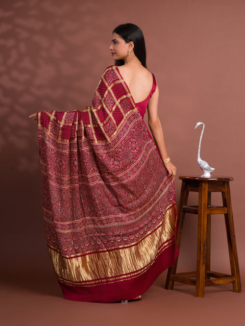 KcPc Pure Gaji Modal Silk Ajrakh Print Ghatchola Saree  AAD