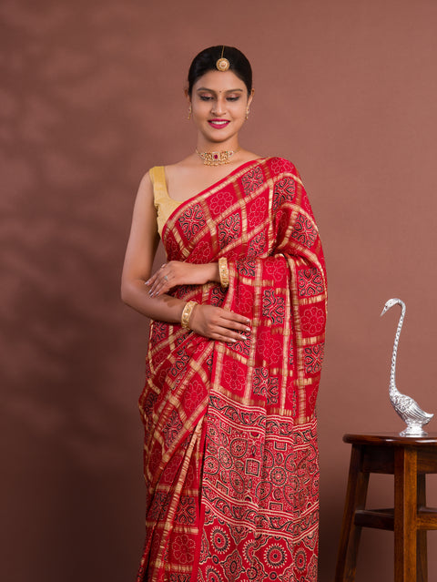 KcPc New Pure Gaji Modal Silk Ajrakh Print Ghatchola Saree  AAD