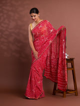  Georgette Bandhani Style With Gotapatti Work Saree in red colour 