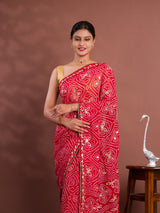  Georgette Bandhani Style With Gotapatti Work Saree in red colour 
