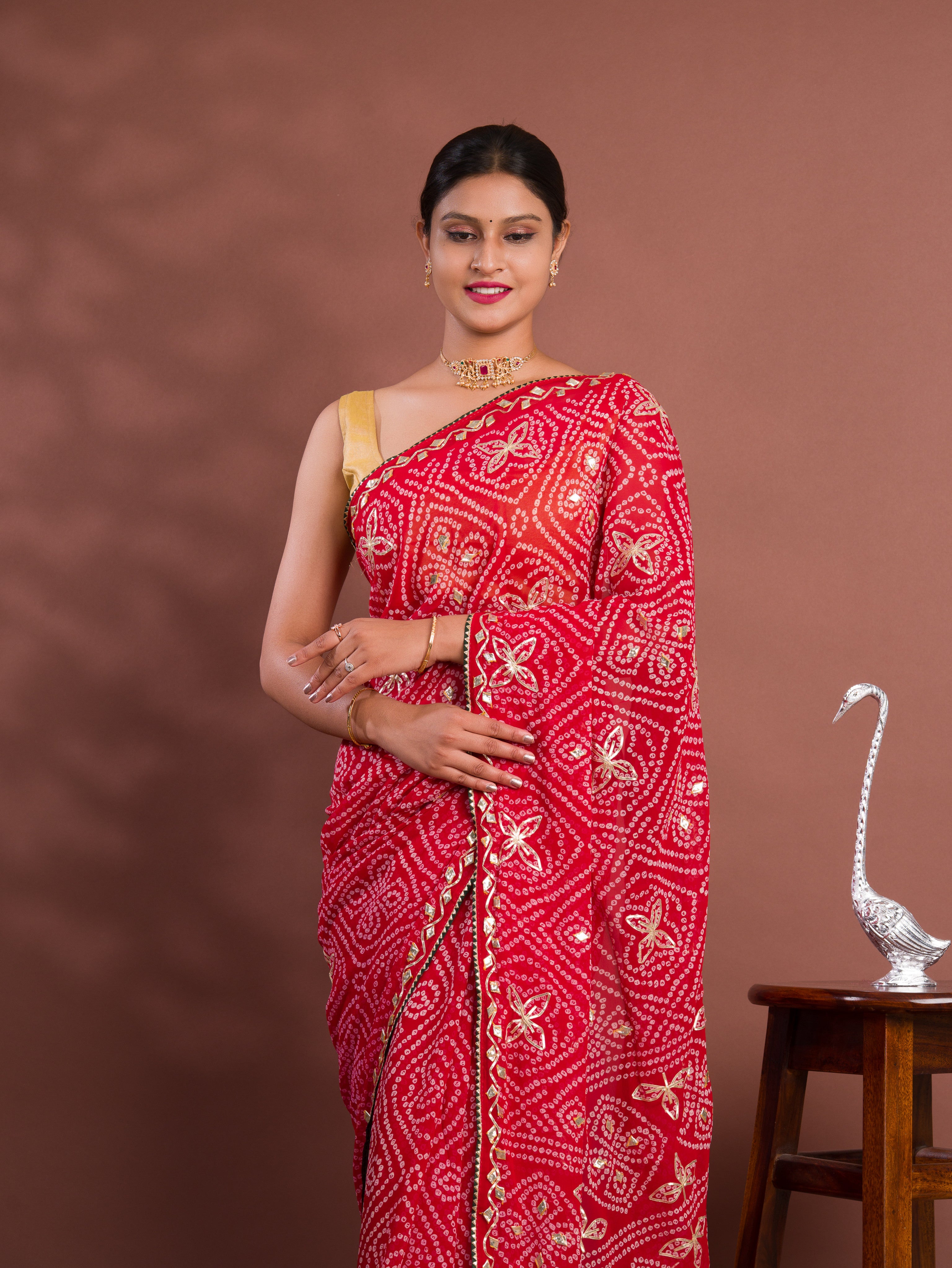 Georgette Bandhani Style With Gotapatti Work Saree in red colour 
