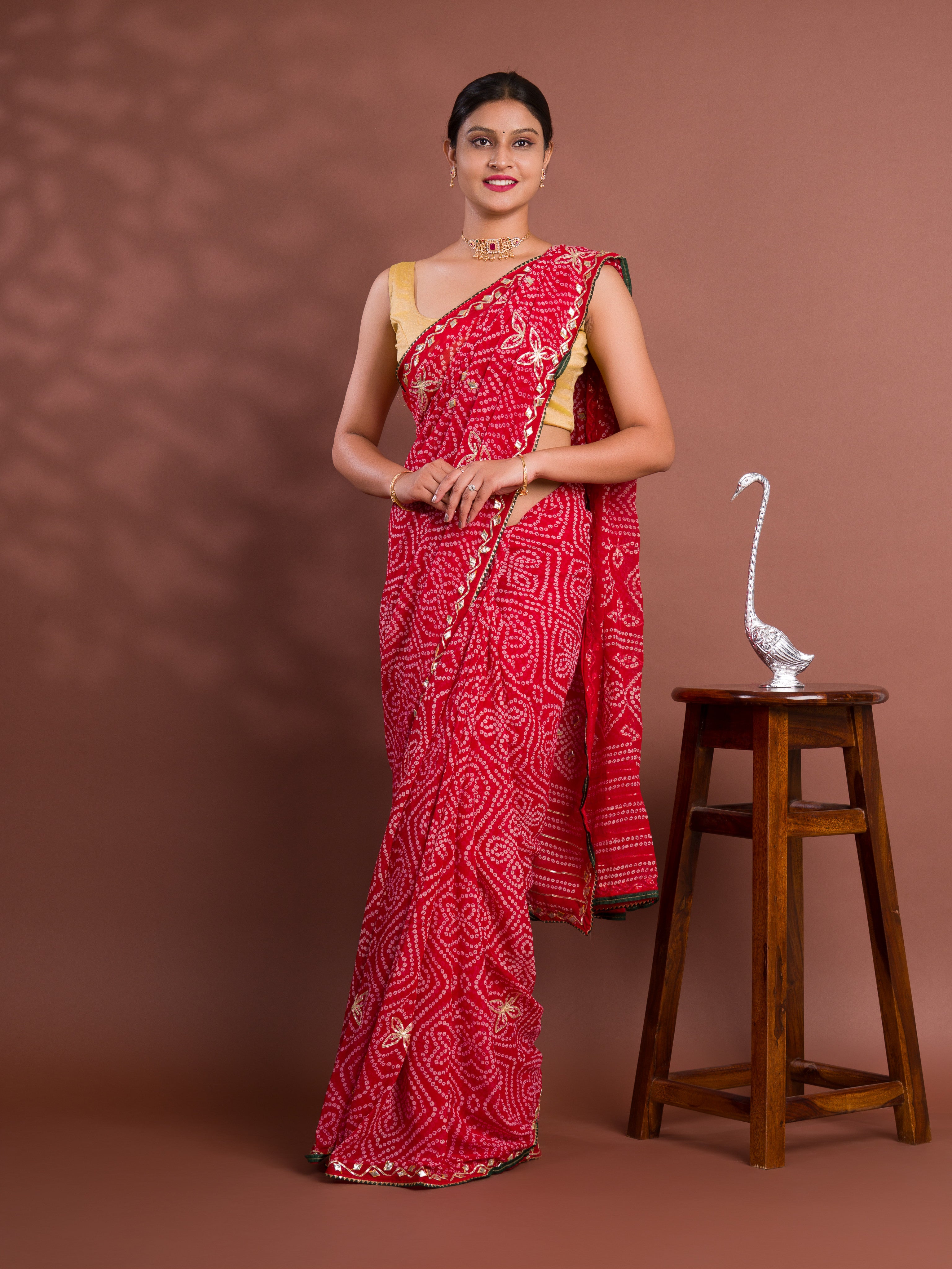  Georgette Bandhani Style With Gotapatti Work Saree in red colour 
