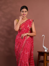  Georgette Bandhani Style With Gotapatti Work Saree in red colour 