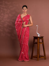  Georgette Bandhani Style With Gotapatti Work Saree in red colour 