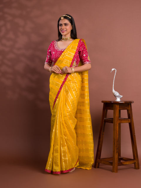 KcPc Tissue silk Bandhani Border Saree With Heavy Gotapatti Blouse AMT