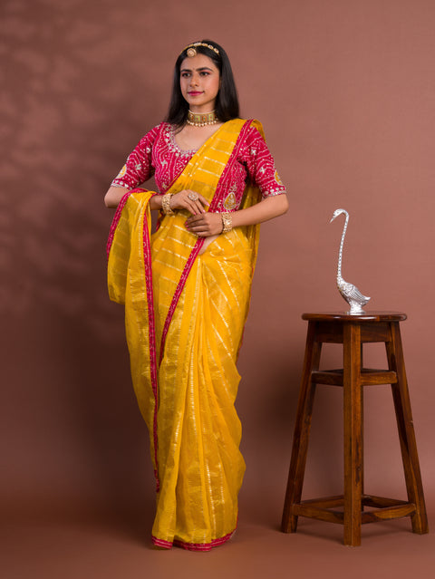 KcPc Tissue silk Bandhani Border Saree With Heavy Gotapatti Blouse AMT