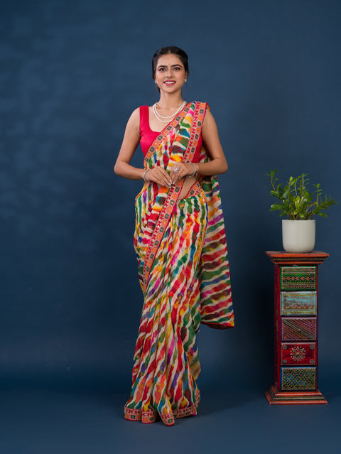 KcPc Pure Georgette Beautiful Leheriya Print With Codding Work Saree  ASH
