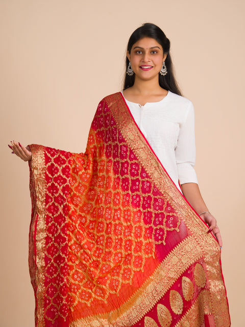 By Banarasi Bandhani Dupatta Red Orange