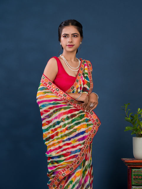KcPc Pure Georgette Beautiful Leheriya Print With Codding Work Saree  ASH
