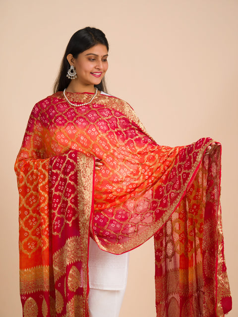 By Banarasi Bandhani Dupatta Red Orange