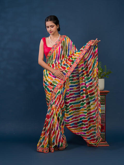 KcPc Pure Georgette Beautiful Leheriya Print With Codding Work Saree  ASH