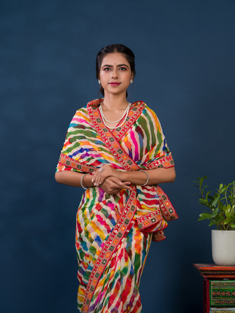 KcPc Pure Georgette Beautiful Leheriya Print With Codding Work Saree  ASH