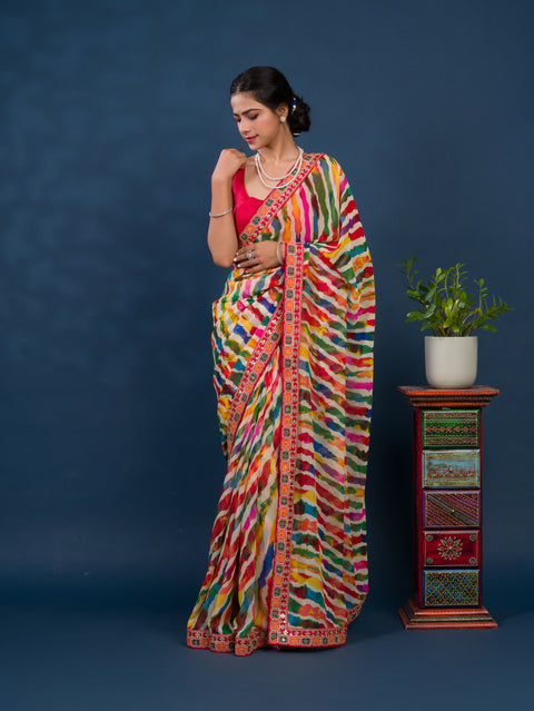 KcPc Pure Georgette Beautiful Leheriya Print With Codding Work Saree  ASH