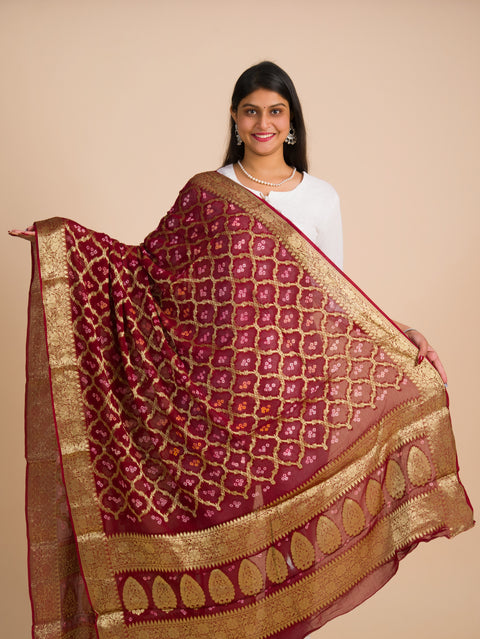 By Banarasi Bandhani Dupatta Mehroon