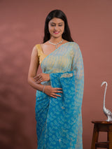 Chiffon Bandhani style With Vintage Work Saree in blue colour