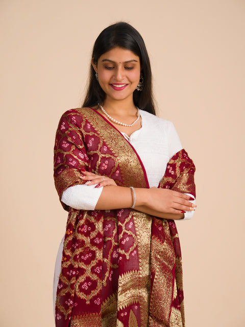 By Banarasi Bandhani Dupatta Mehroon